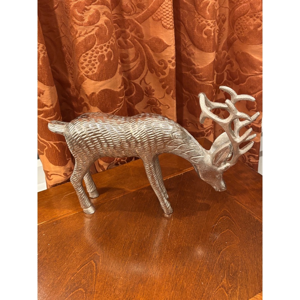 Silver Cast Metal Reindeer Figurine Grazing Buck Christmas Holiday Decor 10 Inch